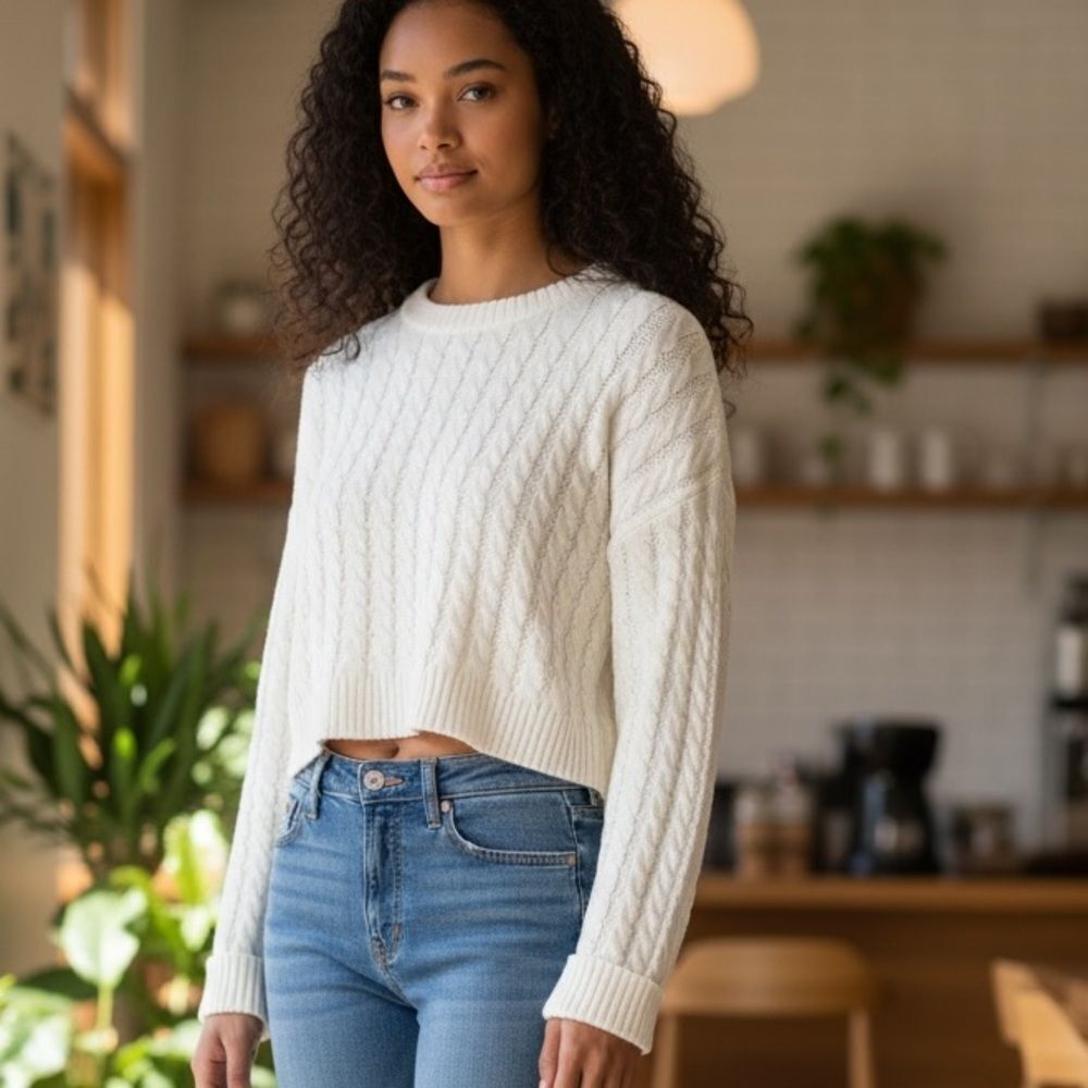 Mimosa Creamy White Cable-Knit Cropped Sweater